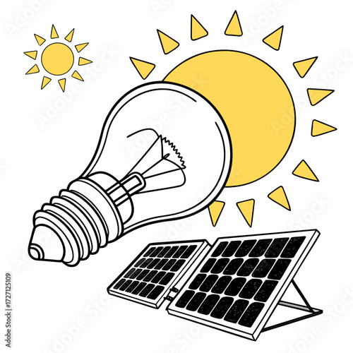 Illustration of a light bulb powered by solar energy from the sun and solar panels
