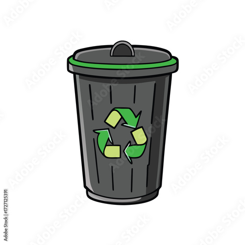 a simple black trash can with a green recycling sy.eps