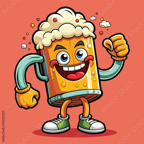 A cheerful, anthropomorphic beer mug character beams with excitement, its foamy head reaching skyward. This playful design is perfect for celebrating good times and festive occasions.