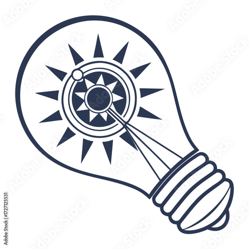Stylized light bulb silhouette with a sunburst and orbital elements symbolizing innovation and cosmic ideas