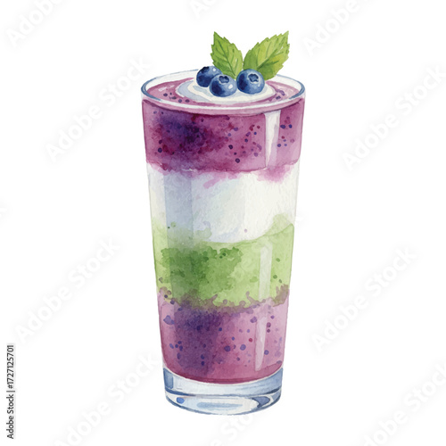 Watercolor Smoothie Glass with Fruit Layers Vector Illustration Isolated on White Background, Healthy Cold Drink Clipart for Café, Menu, and Wellness Design