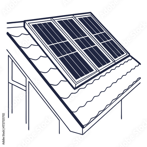 Clean line art illustration of solar panels installed on a residential house roof for renewable energy generation