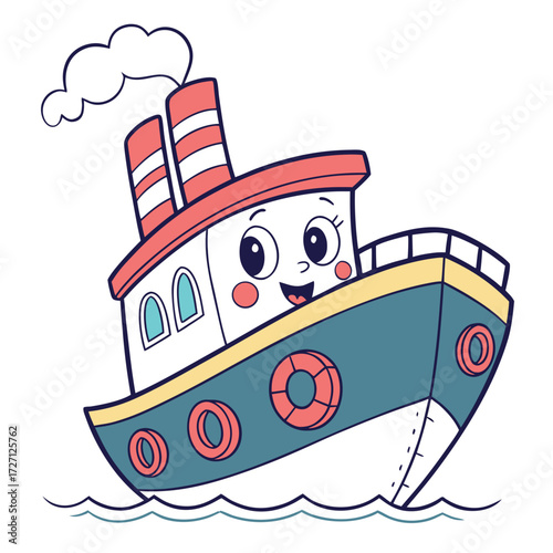 Cute cartoon tugboat with a happy face sailing on the water with smoke coming from its chimney