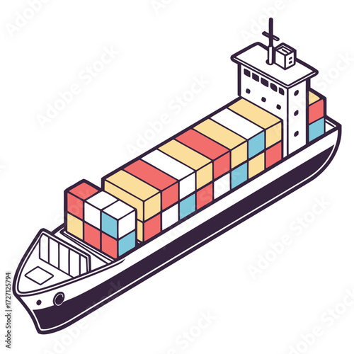 Illustration of a cargo ship carrying colorful shipping containers on a white background