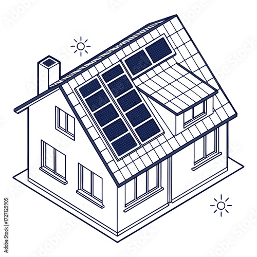 Illustrative isometric view of a modern house with solar panels installed on the roof generating clean energy