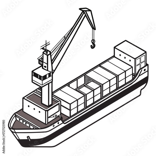 Isometric illustration of a cargo ship with a crane and stacked boxes on deck for maritime transport