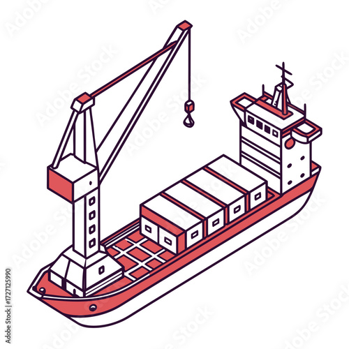 Isometric illustration of a cargo ship with a crane and containers for global logistics and shipping industry