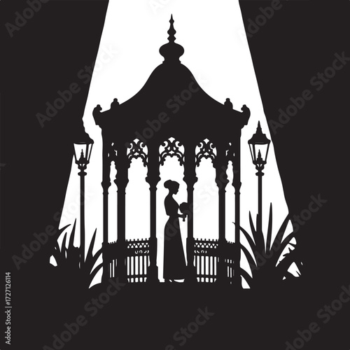 Silhouette of woman in Victorian dress holding bouquet in ornate gazebo