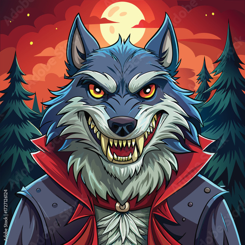 A menacing werewolf with sharp teeth, piercing yellow eyes, and a dramatic red cape stands amidst a dark, moonlit forest with ominous orange skies. Perfect for Halloween themes.
