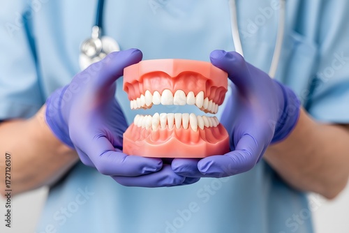 Dentist holding a model of human teeth and gums in gloved hands