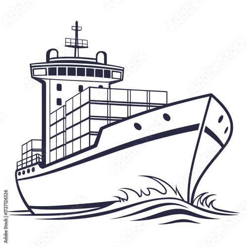 Modern cargo ship with shipping containers sailing through waves in a stylized outline illustration