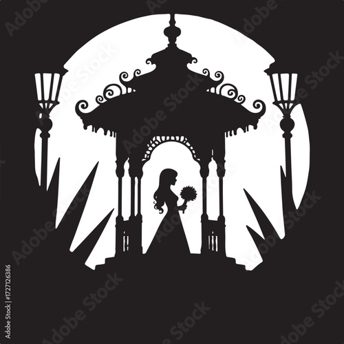 Silhouette of woman with bouquet in ornate gazebo at night