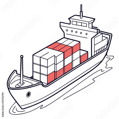 Stylized line art illustration of a cargo ship transporting stacked shipping containers across water