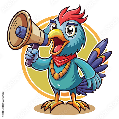 A cheerful blue chicken character shouts enthusiastically through a megaphone, wearing a bandana and necklace. This vibrant image is perfect for conveying excitement and announcements.