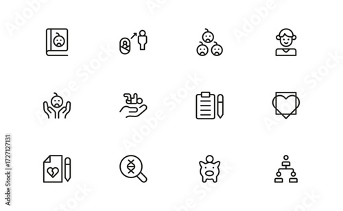 Adoption and Family Love Line Icon Set Modern Minimal Outline Symbols, Pixel-Perfect Vector Icons, and Unique Parenting Graphics