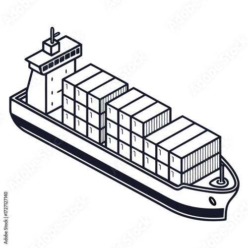 Stylized isometric line art illustration of a cargo ship loaded with shipping containers sailing on the sea