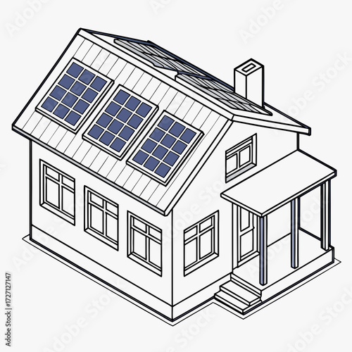 Stylized isometric line art illustration of a house with solar panels on the roof