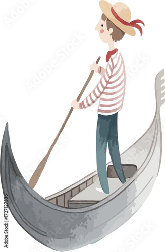 Venetian gondolier rowing traditional gondola boat in striped shirt and straw hat with red ribbon, charming travel watercolor illustration of Italy. Vector illustration.