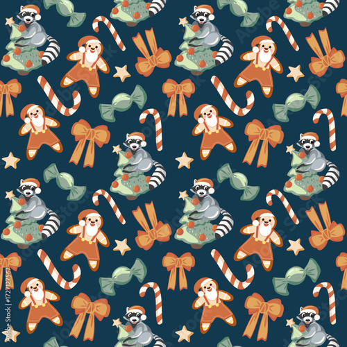 Cute seamless Christmas pattern with raccoons in festive hats and gifts. Playful holiday design for children’s textiles, wrapping paper, and seasonal decor.