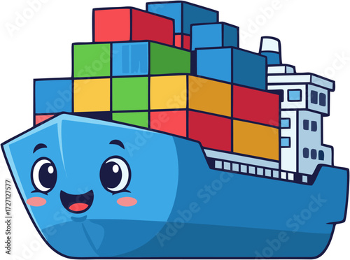 Cartoon cargo ship with colorful containers and a cute, smiling face.