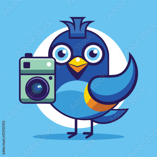An adorable cartoon blue bird with big eyes and a playful expression holds a classic camera. Perfect for photography themes, social media, or creative projects.