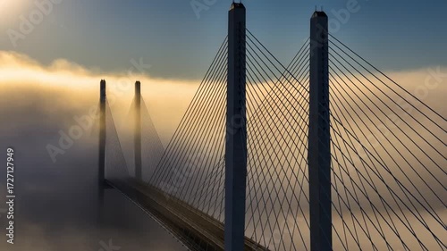 Cable stayed bridge towers rising above fog in golden sunrise light
