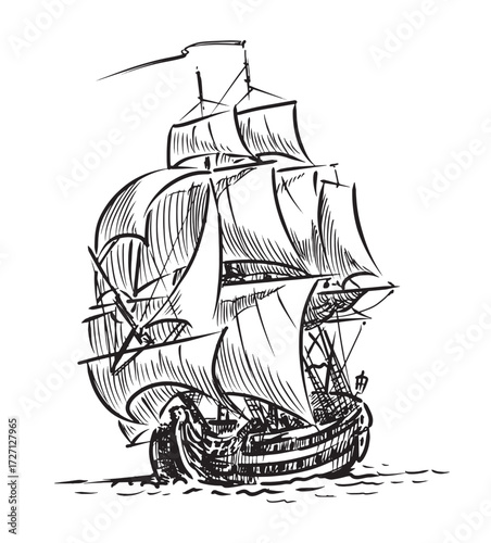 Sailing ship in sea, antique nautical vessel, sketch, vector outline hand drawn illustration isolated on white background