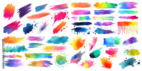 watercolor brush strokes with various colorful stains, set of watercolor hand drawn watercolor splashes and various colorful brush strokes, Artistic watercolor set featuring hand-painted textures.