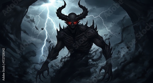 Dark fantasy demon warrior with glowing red eyes