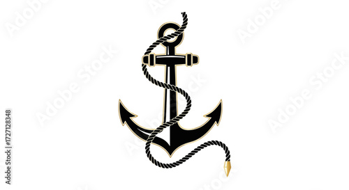 A captivating black and gold anchor intertwines with a rope showcasing nautical tradition and