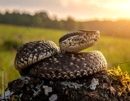 Snake on rock at sunset