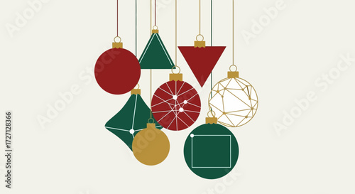 Geometric christmas ornaments hanging on strings for holiday decoration purposes with minimalist