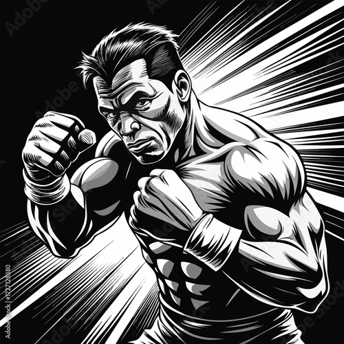 A determined boxer with muscular physique in a defensive stance, channeling raw power and focus. Dynamic lines evoke speed and intense action in this striking monochrome artwork.