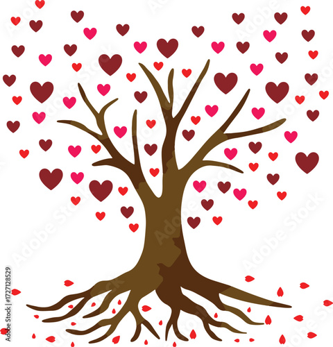 Love Tree with Falling Red Hearts Illustration. Romantic Tree with Heart Leaves Vector Design. Abstract Tree with Red Love Symbol Graphic.