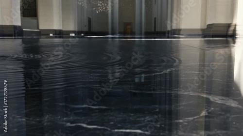 Reflective black marble water surface with ripples in modern architectural courtyard
