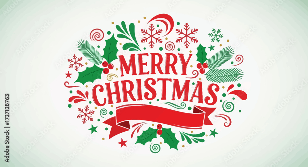 Fototapeta premium Festive Merry Christmas Typography Design with Holly and Snowflakes Ornamentation