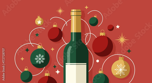 Festive cheer: Elegant wine bottle amidst holiday ornaments and sparkling decorations