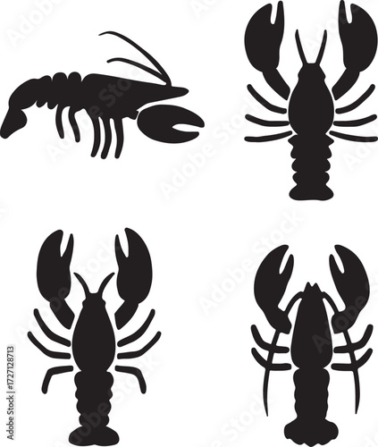 big lobster silhouette icons set side, front, back, and top views vector art illustration