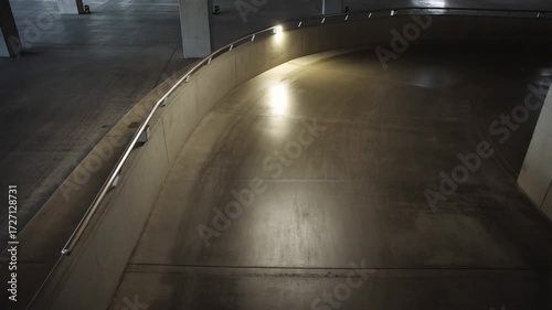 Concrete parking garage ramp with curved design and moody artificial light
