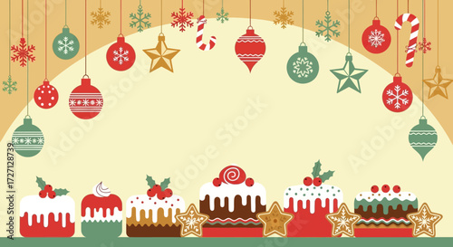 Festive holiday dessert background illustration with Christmas ornaments and sweets graphic