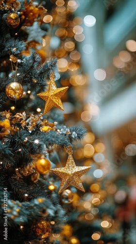 Brightly Decorated Christmas Tree With Golden Ornaments and Stars in Festive ...