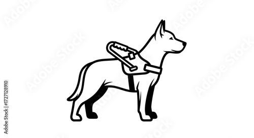 Elegant line art illustration featuring a service dog with harness and handle for guidance