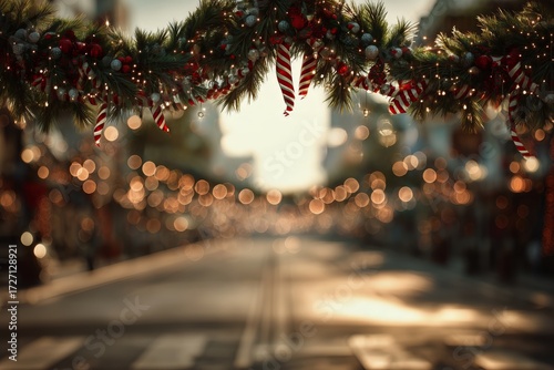 Holiday Decorations Create Festive Atmosphere on a Street During Sunset