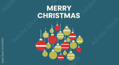 Festive season card with hanging Christmas ornaments, conveys holiday cheer and celebration