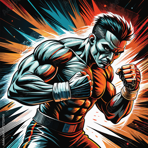 A powerful boxer tenses his muscles, ready for combat. Explosive light rays radiate from behind, symbolizing intense energy and the thrill of the fight.