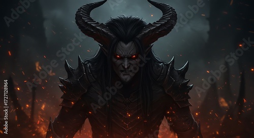 Demon lord with horns in fiery dark fantasy setting