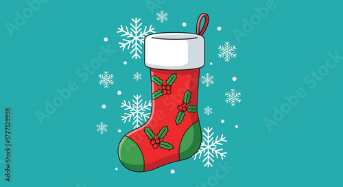 Festive christmas stocking illustration with snowflakes on teal background illustration