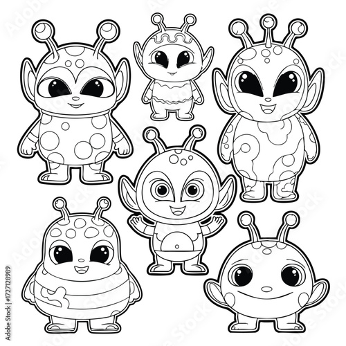 A collection of adorable cartoon alien characters with unique designs and cheerful expressions in various poses.