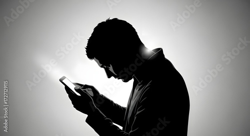 Silhouette of a man intensely focused on his smartphone in a softly lit room highlighting digital dependency and the modern connected lifestyle.
