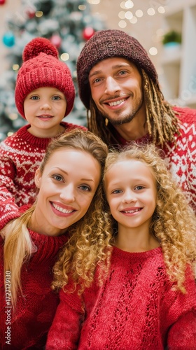 Family Celebrating Together in Cozy Red Sweaters During the Holiday Season